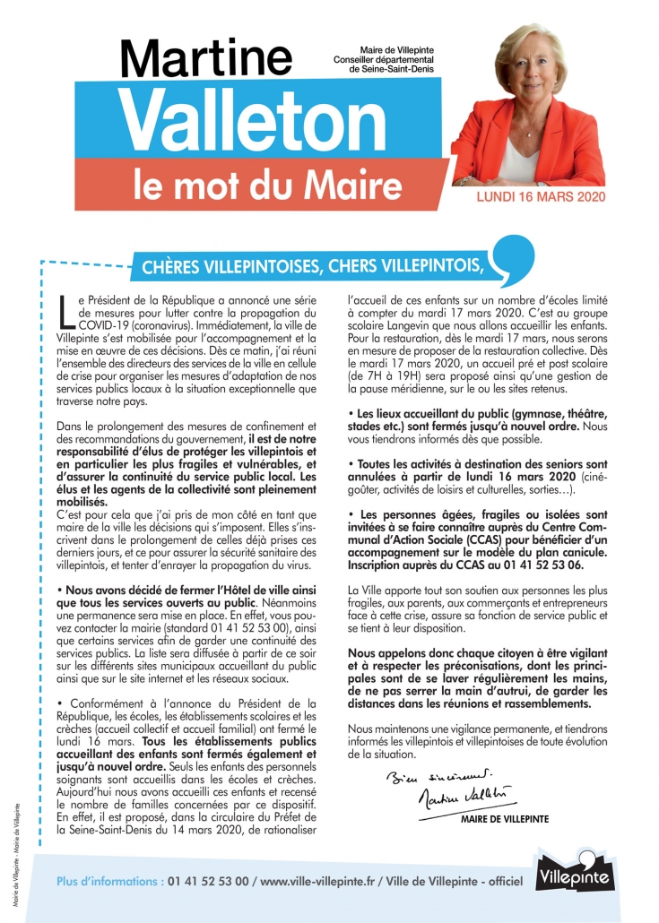 Mot du Maire sur la fermeture des Services publics de Villepinte 