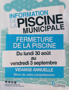 fermeture de la piscine municipale de Villepinte pour la vidange annuelle : du 30 août au 3 septembre 2021