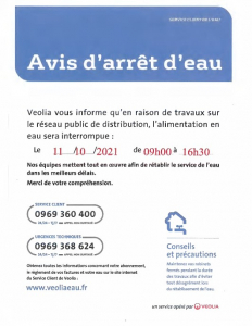 Avis d’ arrêt d'eau le Lundi 11/10/2021 de 9h à 16h30 sur Villepinte (93)